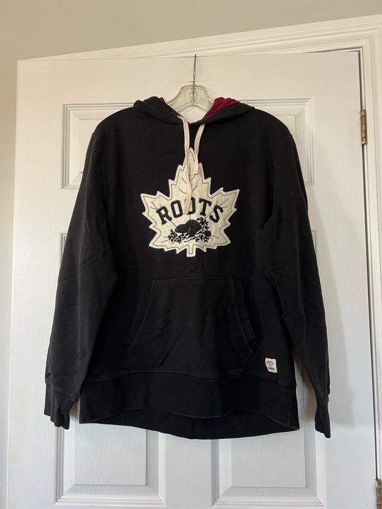 Roots Other - Roots Black Crewneck Hoodie with White Maple Logo and Red Lined Hood